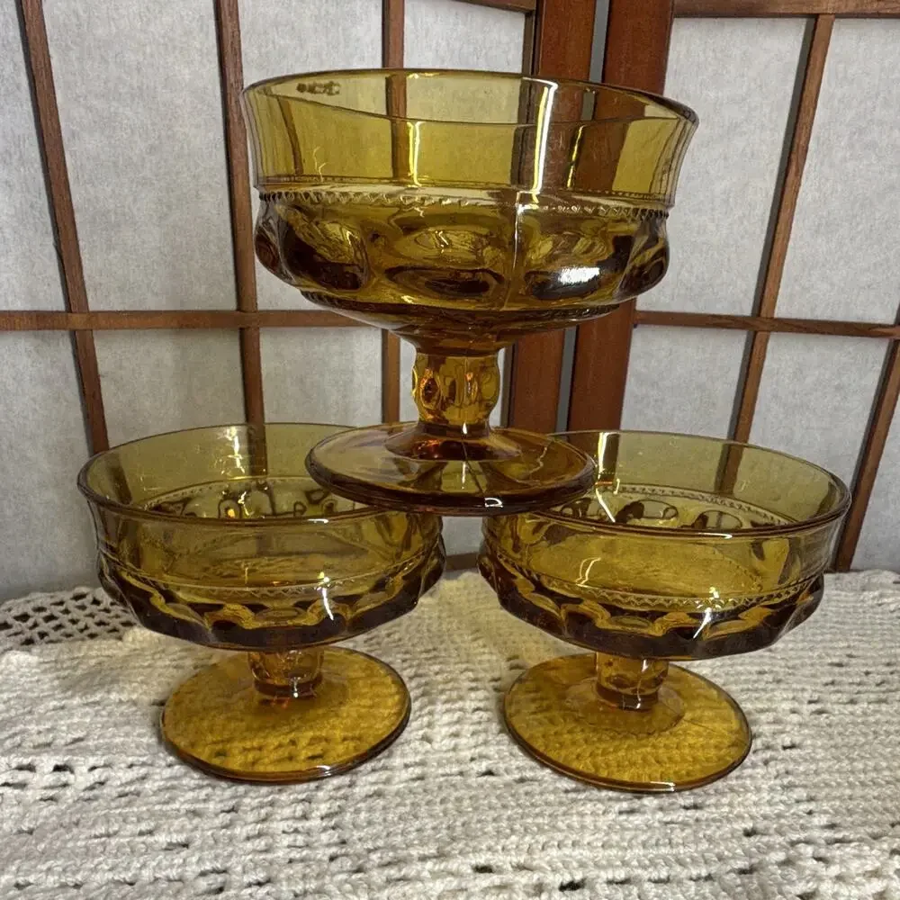 Amber Pressed Glass Sherbet Dessert Cups 4